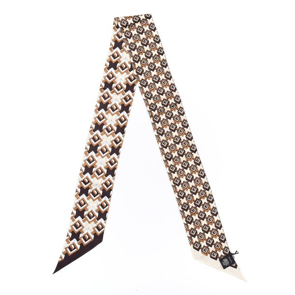 Gucci Silk Geometric G Print Neck Bow Scarf Brown Twilly - Picture 2 of 6